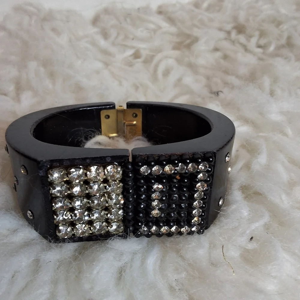 Vintage Black Rhinestone Cuff Bracelet Glam Statement Jewelry